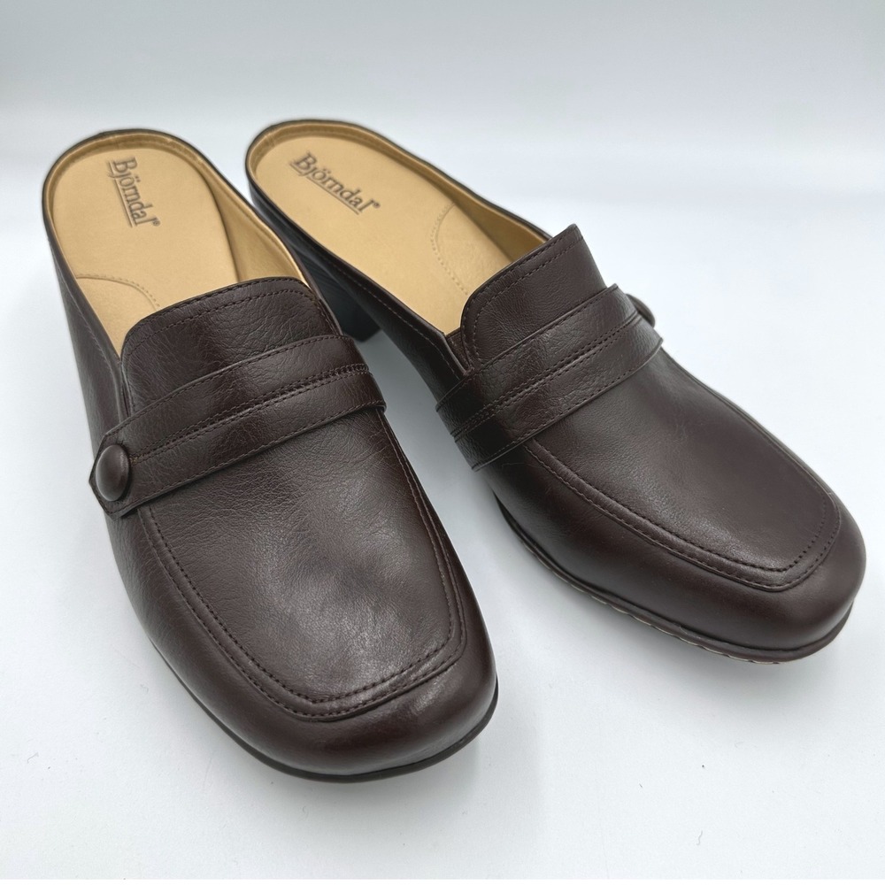Bjorndal Gena Dark Brown Leather Mule Block Heel Slip on Clogs Womens 9M 136188